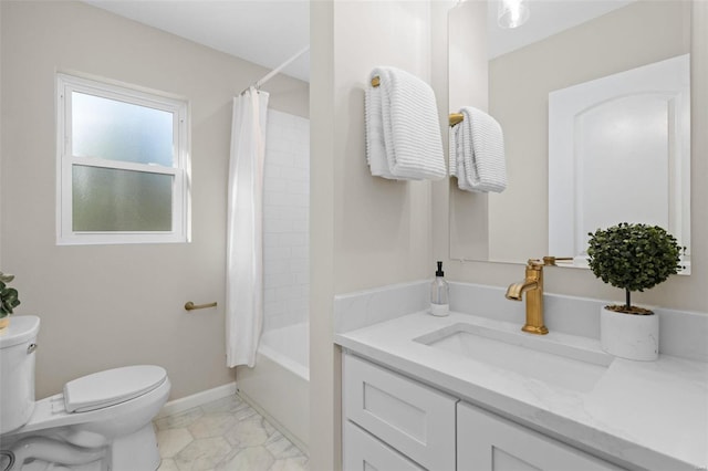 full bathroom with toilet, vanity, and shower / bath combo with shower curtain