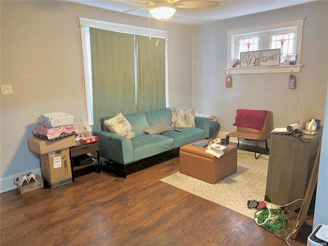 living room featuring hardwood / wood-style flooring and ceiling fan