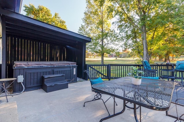 view of patio / terrace featuring a hot tub