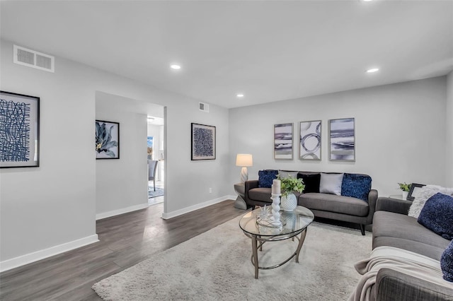 living room featuring dark wood-type flooring