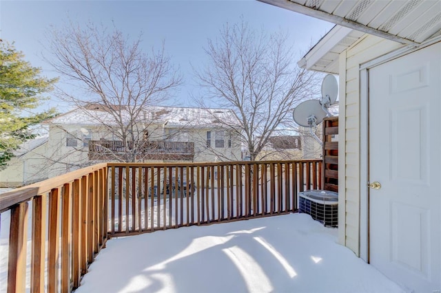 snow covered deck with central air condition unit