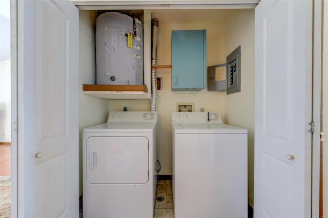 laundry room featuring cabinets, separate washer and dryer, and electric panel