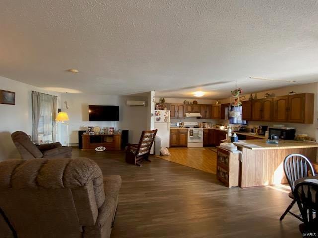 living room featuring a wall mounted AC, a textured ceiling, and wood-type flooring