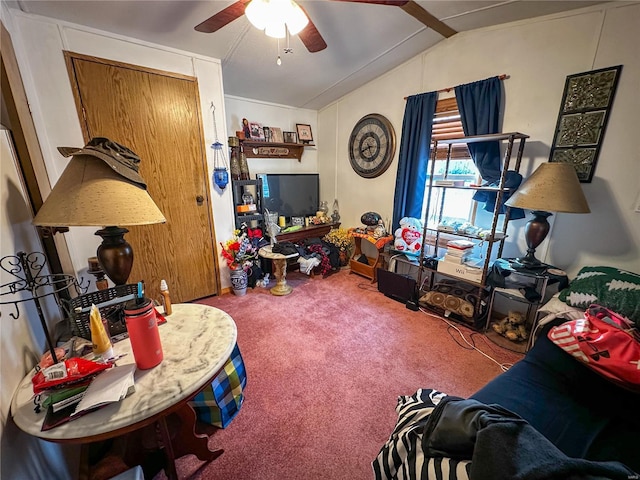 carpeted bedroom with ceiling fan and lofted ceiling