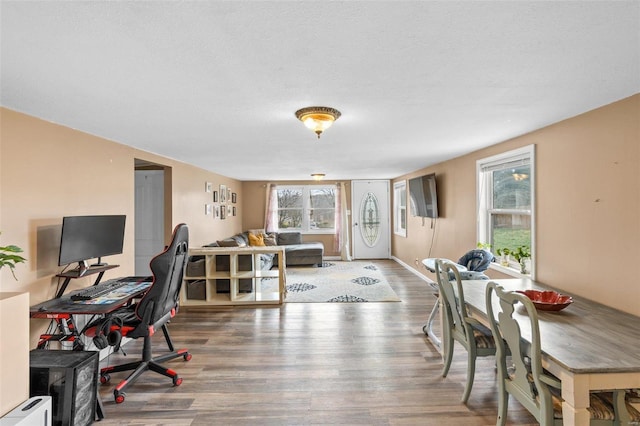 office space featuring a textured ceiling and hardwood / wood-style flooring