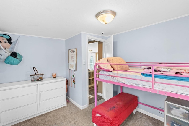 bedroom with ornamental molding and light carpet