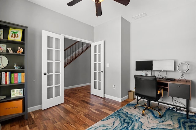 office space with ceiling fan, dark wood-type flooring, and french doors