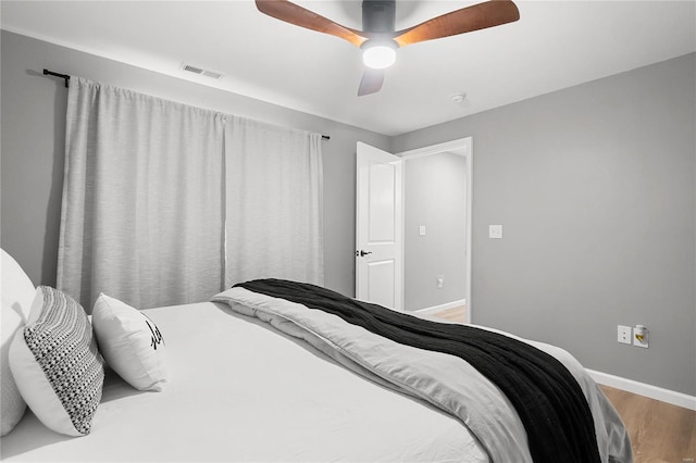 bedroom with ceiling fan and wood-type flooring