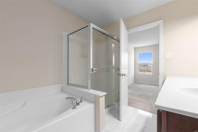 bathroom with vanity and plus walk in shower