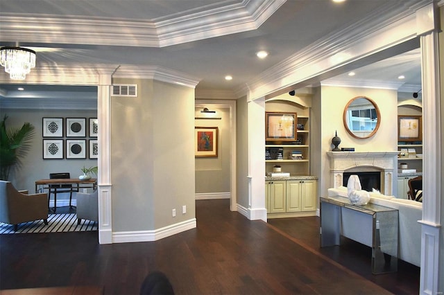 living room with ornamental molding and dark hardwood / wood-style flooring