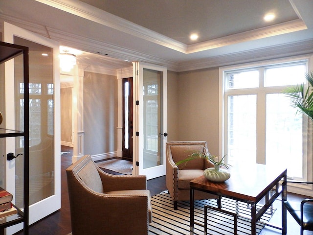 living area with a raised ceiling, ornamental molding, dark hardwood / wood-style floors, and french doors