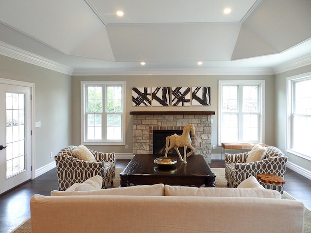 living room with dark hardwood / wood-style floors, a fireplace, plenty of natural light, and a tray ceiling