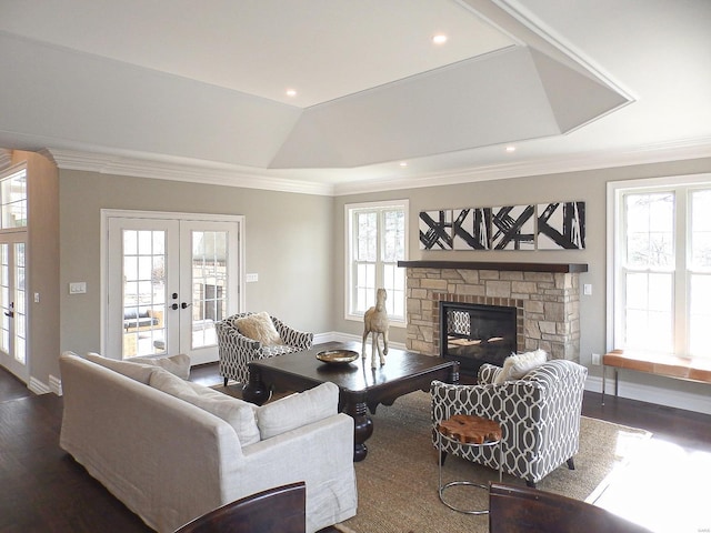 living room with a tray ceiling, a stone fireplace, french doors, and a healthy amount of sunlight