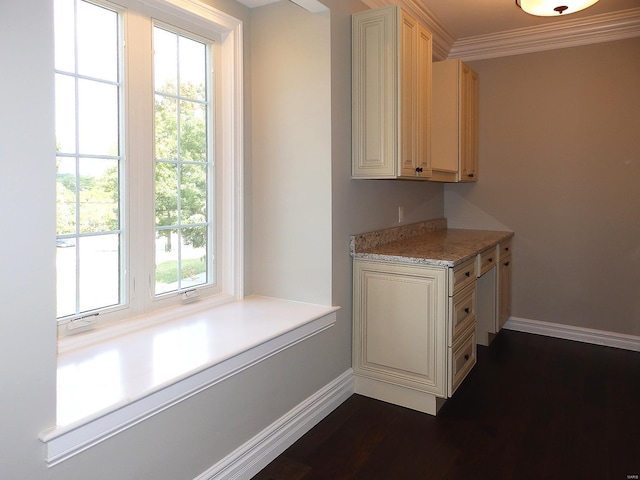 interior space featuring light stone counters, ornamental molding, dark hardwood / wood-style flooring, and cream cabinets