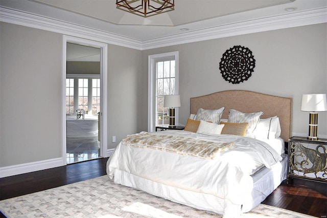 bedroom featuring hardwood / wood-style flooring, a tray ceiling, and multiple windows