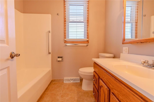 full bathroom with tile patterned flooring, vanity, independent shower and bath, and toilet