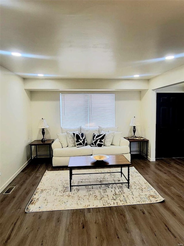 living room with dark wood-type flooring