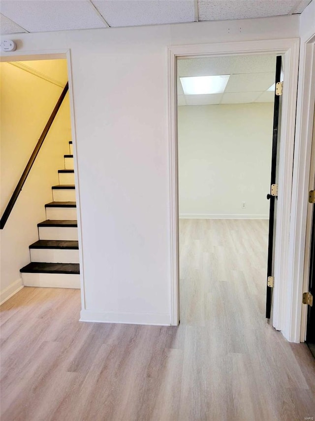 hall with a drop ceiling and light wood-type flooring