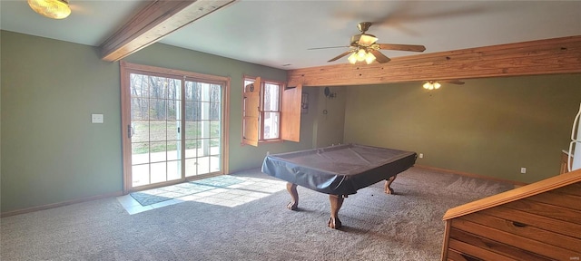 recreation room with billiards, beam ceiling, baseboards, and carpet flooring