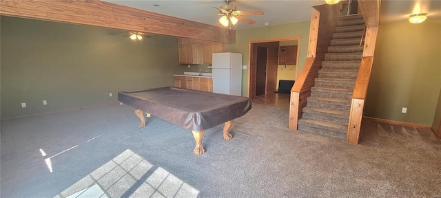 rec room featuring light colored carpet, billiards, visible vents, a ceiling fan, and baseboards