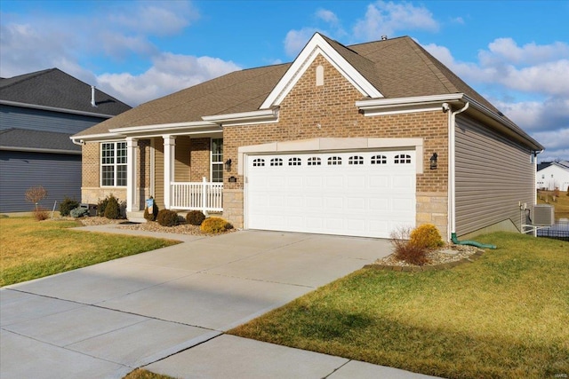 view of front facade featuring concrete driveway, a garage, brick siding, and covered porch