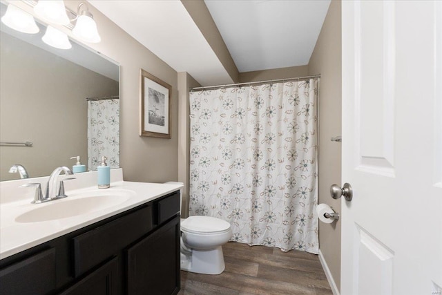 bathroom with vanity, toilet, and wood finished floors