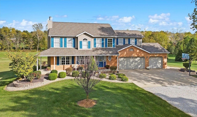 colonial-style house with a front yard, a garage, and a porch