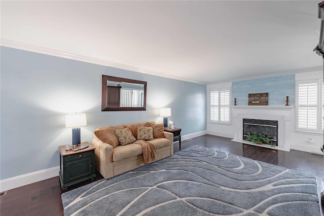 living room with a large fireplace, crown molding, and dark wood-type flooring