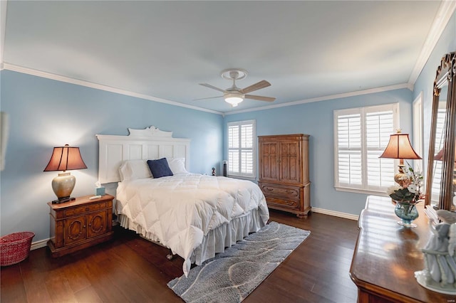 bedroom with ceiling fan, ornamental molding, and dark hardwood / wood-style floors