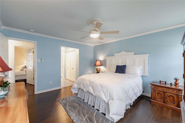 bedroom with ceiling fan, a closet, crown molding, and dark hardwood / wood-style floors