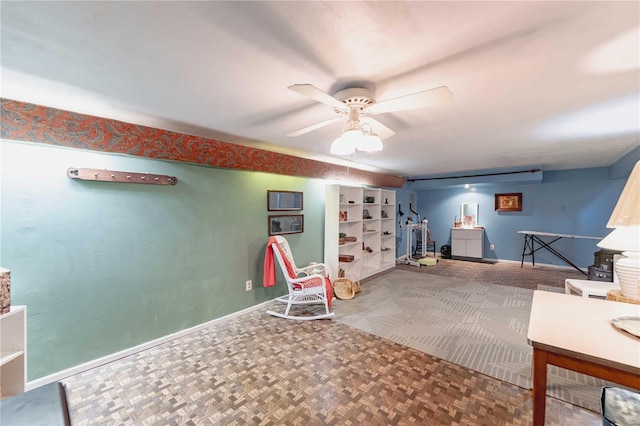 interior space with ceiling fan and parquet flooring