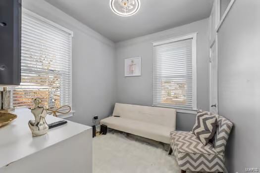 living area with crown molding