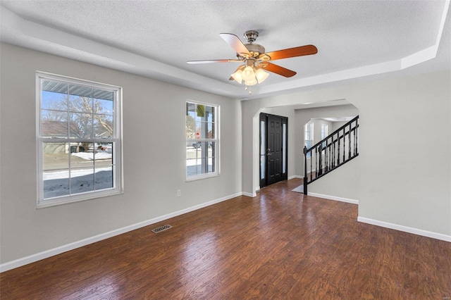 empty room with a wealth of natural light, a raised ceiling, and dark wood-type flooring