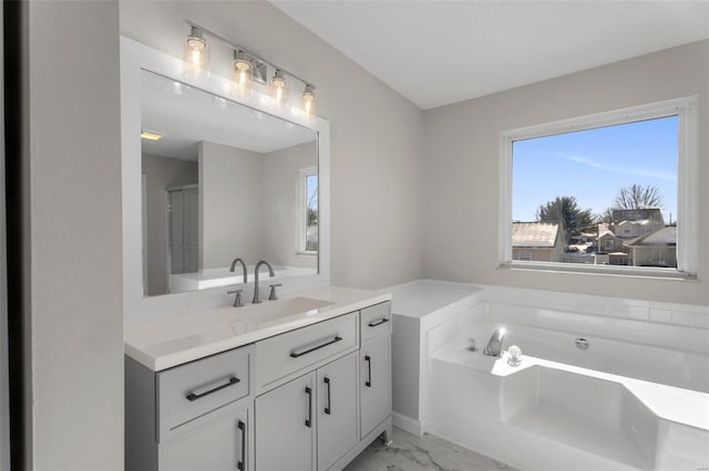 bathroom featuring plus walk in shower and vanity