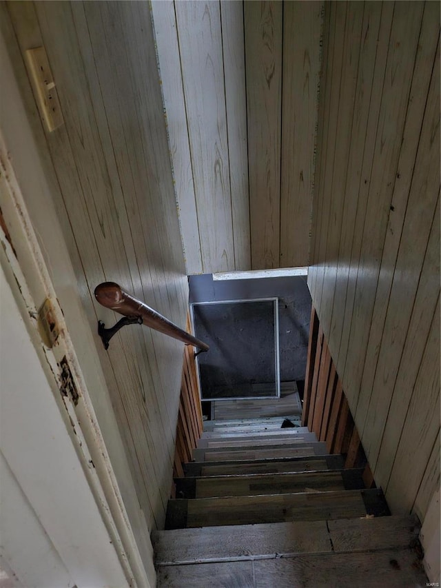 stairway featuring wooden walls