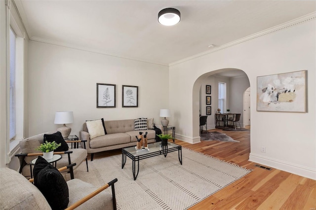 living room featuring hardwood / wood-style floors and crown molding