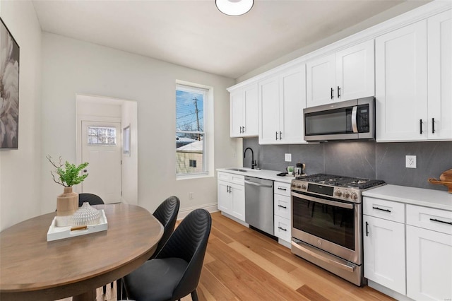 kitchen featuring tasteful backsplash, sink, white cabinetry, light hardwood / wood-style flooring, and stainless steel appliances