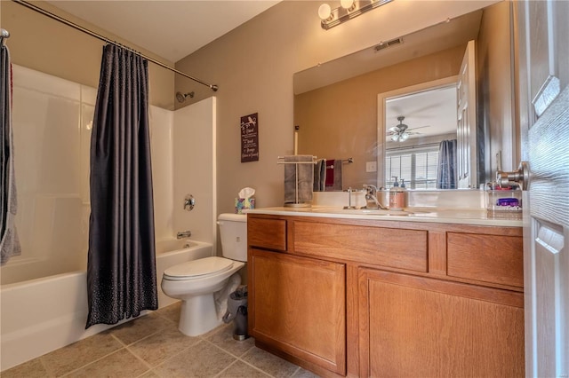 full bathroom featuring shower / tub combo, toilet, tile patterned floors, vanity, and ceiling fan