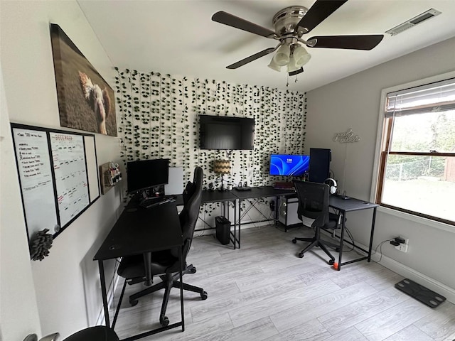 office area featuring ceiling fan and light hardwood / wood-style flooring