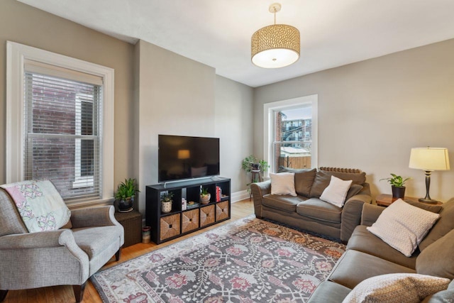 living room featuring baseboards and wood finished floors