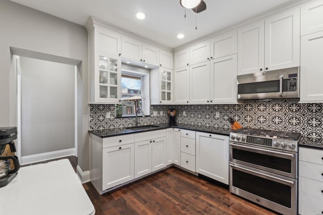 kitchen with a sink, dark countertops, appliances with stainless steel finishes, and dark wood finished floors