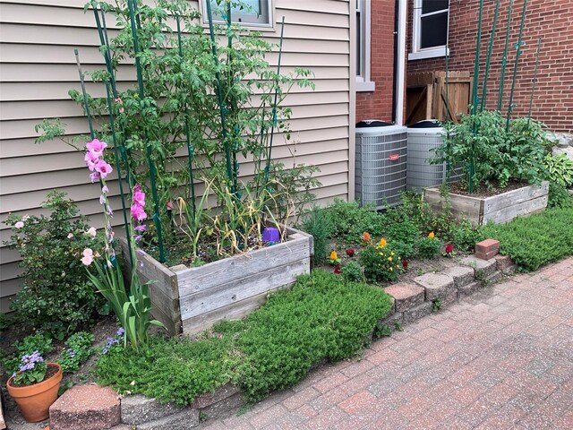 details featuring central air condition unit and a garden