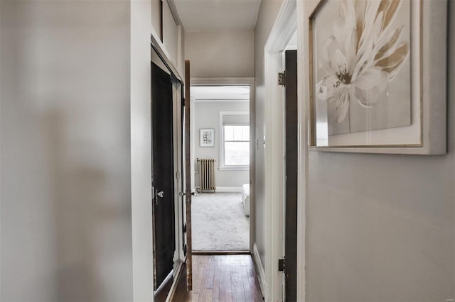 corridor featuring hardwood / wood-style flooring and radiator heating unit