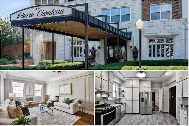 exterior space featuring hardwood / wood-style flooring, appliances with stainless steel finishes, sink, and white cabinets