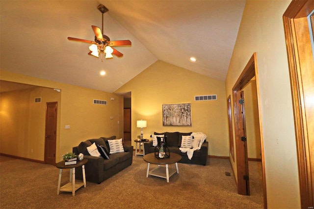 living room featuring ceiling fan, lofted ceiling, and carpet floors