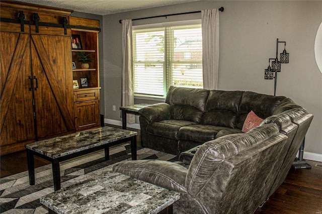 living room featuring dark hardwood / wood-style floors and a barn door