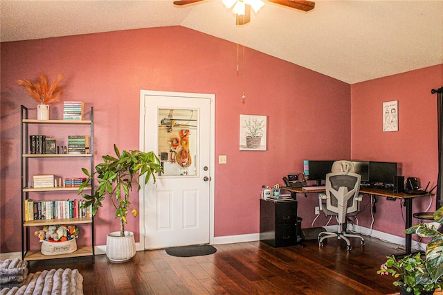 office with vaulted ceiling, dark hardwood / wood-style floors, and ceiling fan