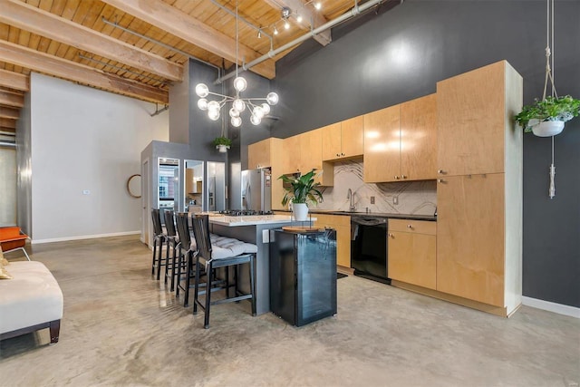 kitchen featuring stainless steel fridge with ice dispenser, wood ceiling, light brown cabinets, dishwasher, and beamed ceiling