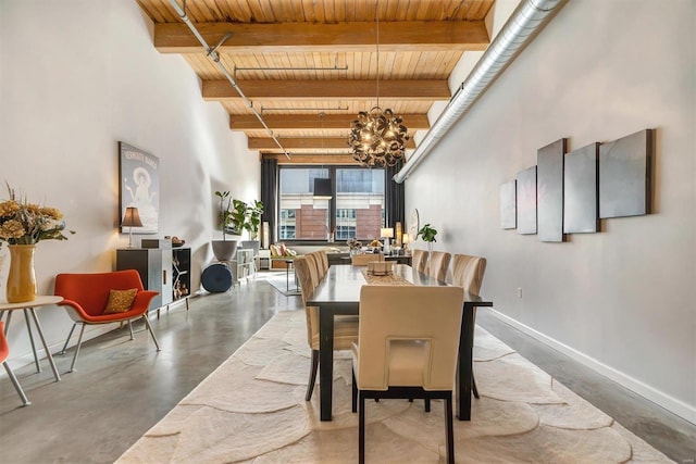 dining space with a chandelier, wood ceiling, beamed ceiling, and concrete floors