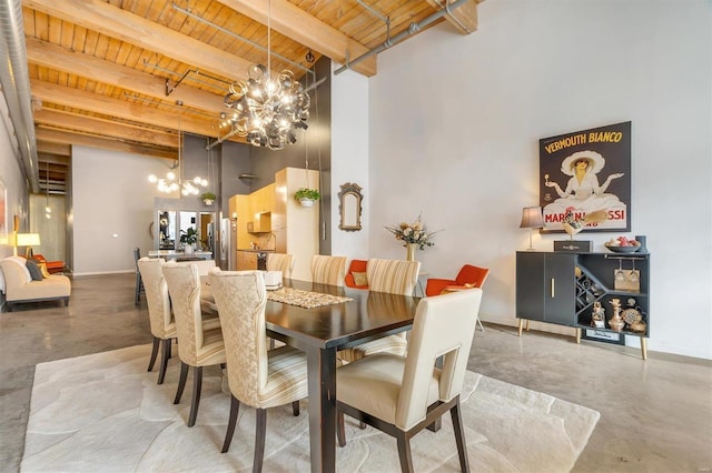 dining space featuring concrete flooring, a notable chandelier, beamed ceiling, and wooden ceiling